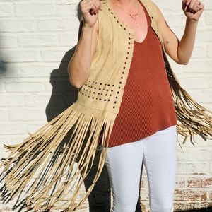 Whipstitched Faux-Suede Fringe Vest, Tan